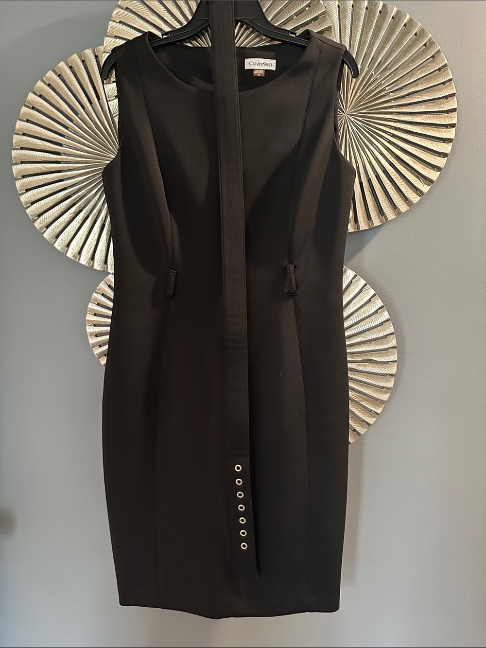Calvin Klein Black Sleeveless Midi Sheath Dress with Waist Tie